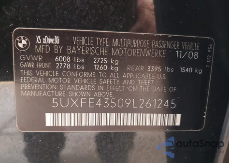 2009 BMW X5 xDrive30I z USA, uszkodzony, nr VIN 5UXFE43509L261245